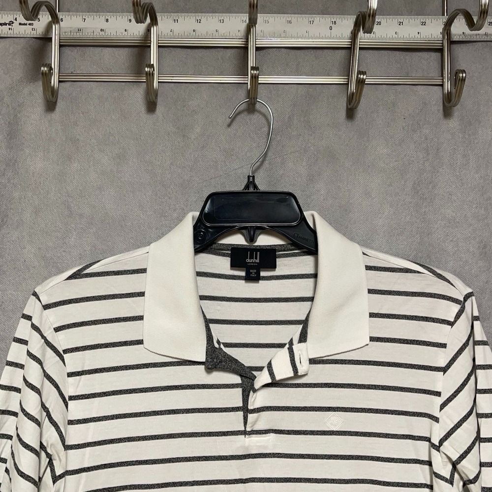 Dunhill Polo Shirt Men XL White Gray Striped Italy Cotton Quiet Comfort Luxury